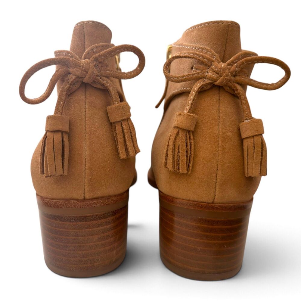 talbots via tassel tie suede ankle boots 9.5m tan almond toe block heel booties - Picture 5 of 12
